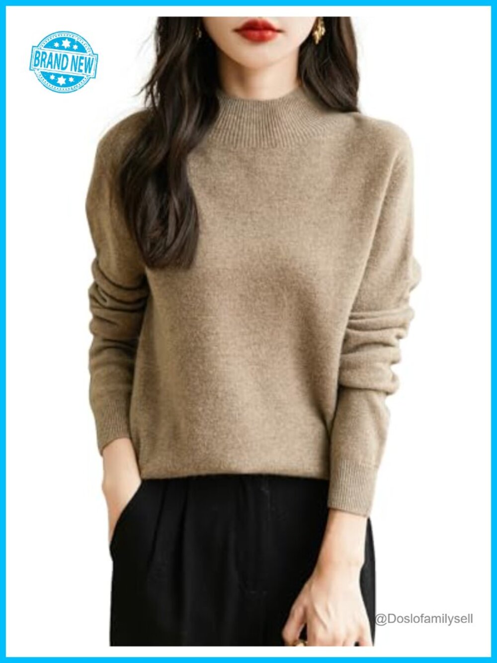 100% Merino Wool Seamless Sweater Mock Neck Long Sleeve Knitted Pullover